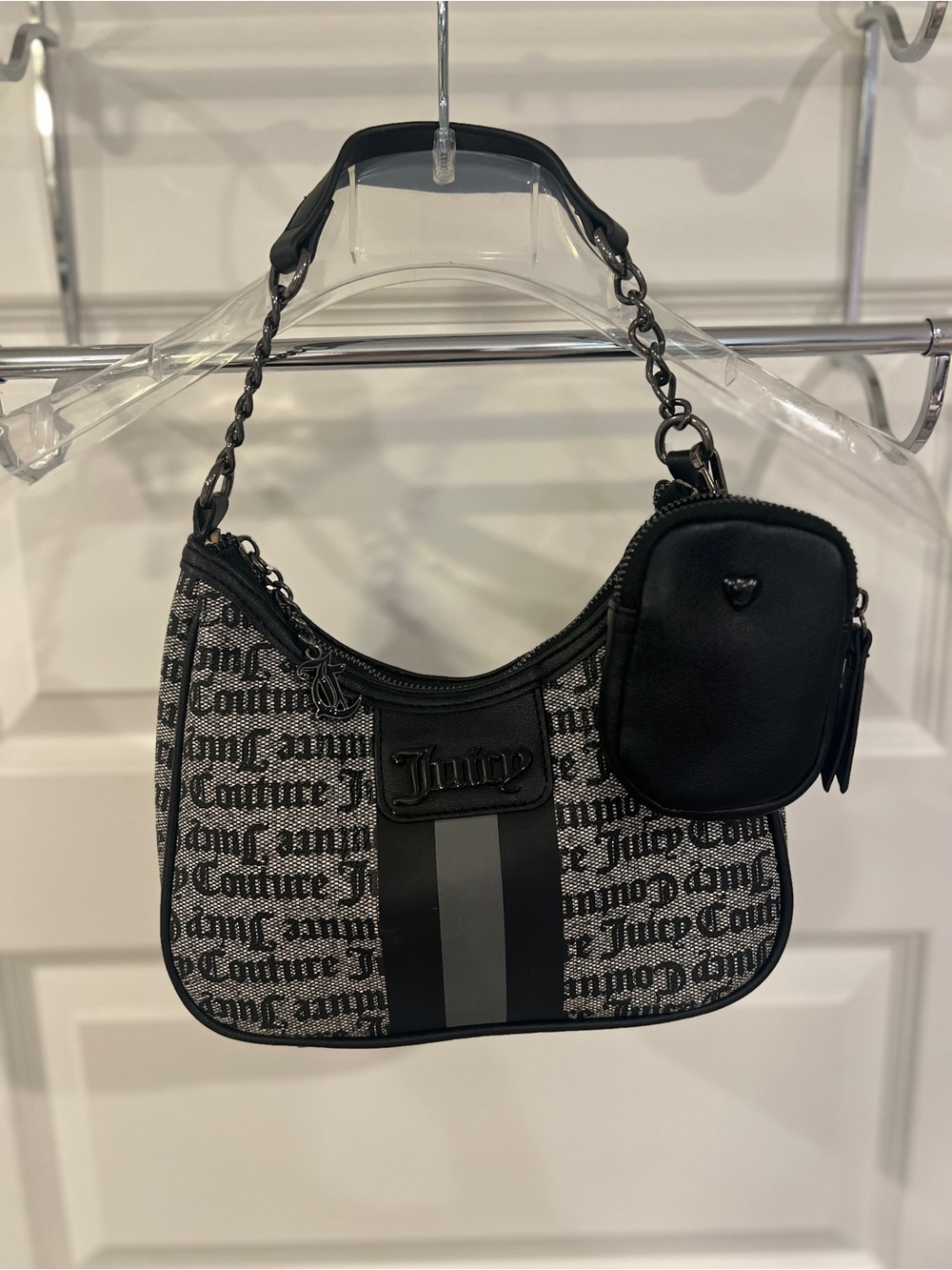 Juicy Couture Black Logo Jacquard Shoulder Bag with Detachable Pouch